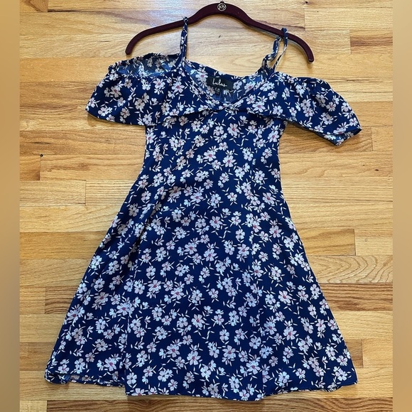 Catching Glances Navy Blue Floral Print Off-the-Shoulder Dress size XS - Picture 5 of 5